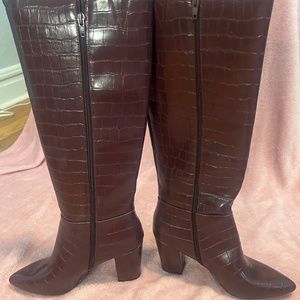 Wide calf crocodile patterned knee high boots